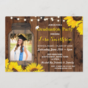 Rustic Graduation Party Jar Wood Sunflower Photo Invitation