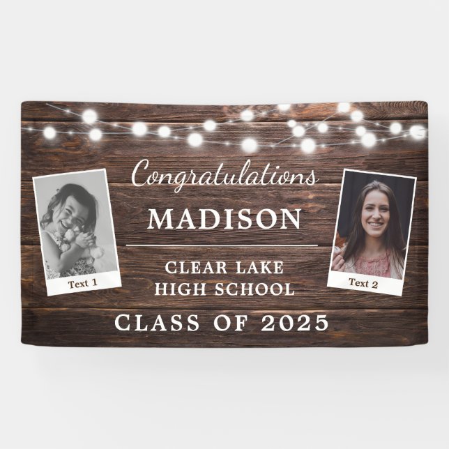Rustic Graduation Party Modern Wood String Lights Banner (Horizontal)