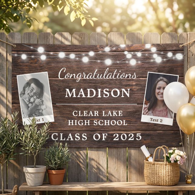 Rustic Graduation Party Modern Wood String Lights Banner (Creator Uploaded)