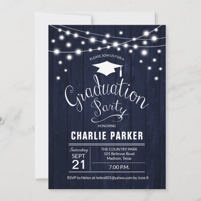 Rustic Graduation Party Navy Blue Wood Pattern Invitation (Front)