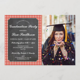 Rustic Graduation Party Red Check Chalk BBQ Photo Invitation