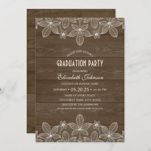 Rustic Graduation Party Wood Lace Pearl Grad Invitation (Front/Back)