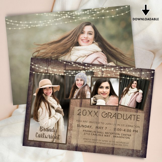 Rustic Graduation Photo Collage Wood String Lights Invitation (Creator Uploaded)