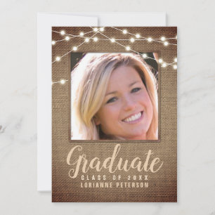 Rustic Graduation String Lights Brown Burlap Photo Announcement