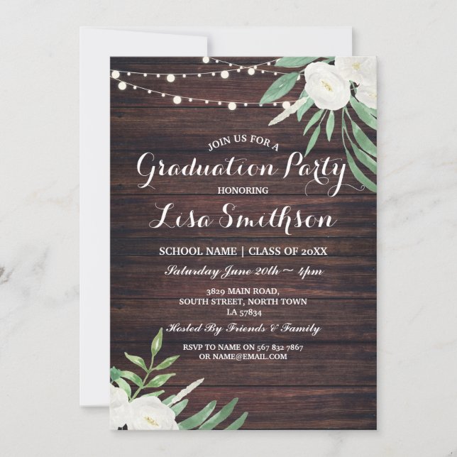 Rustic Graduation White Flowers Lights Wood Invite (Front)