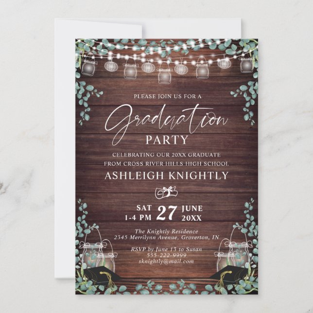 Rustic Graduation Wood Eucalyptus String Lights Invitation (Front)