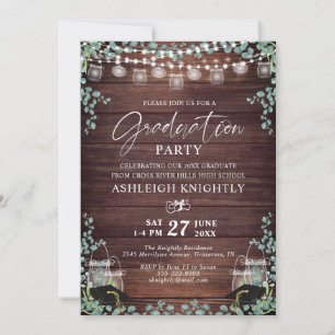 Rustic Graduation Wood Eucalyptus String Lights Invitation