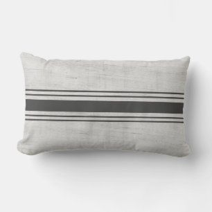 Rustic Grain Sack Dark Grey Horizontal Stripes Lumbar Cushion