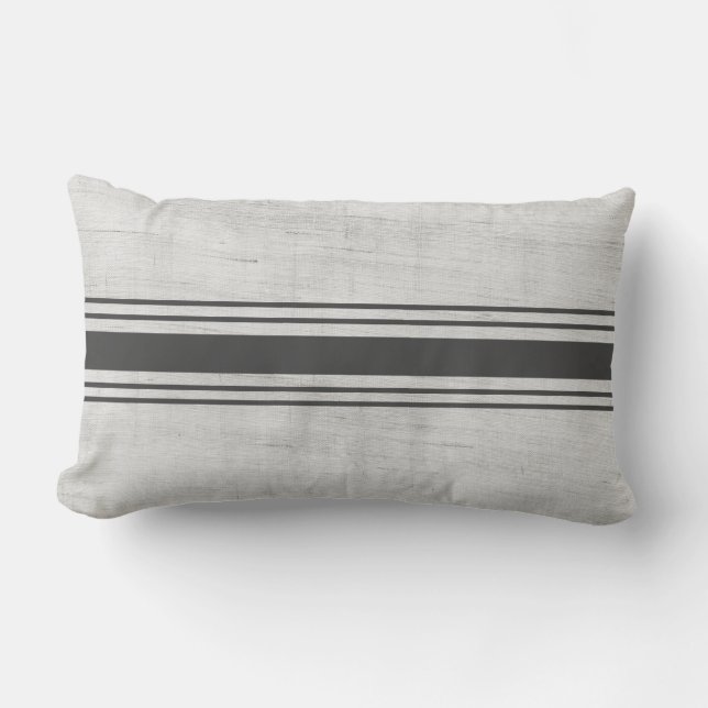 Rustic Grain Sack Dark Grey Horizontal Stripes Lumbar Cushion (Front)