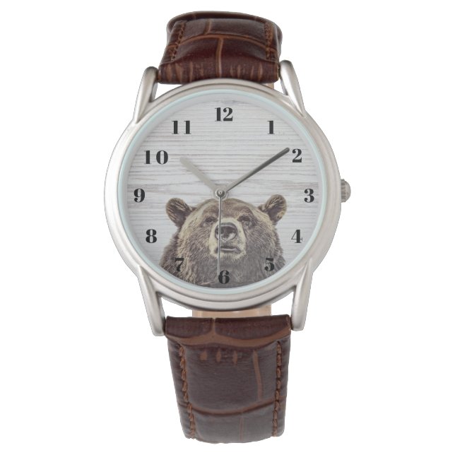 Rustic Grain Wood Peeking Bear Men's Watch (Front)