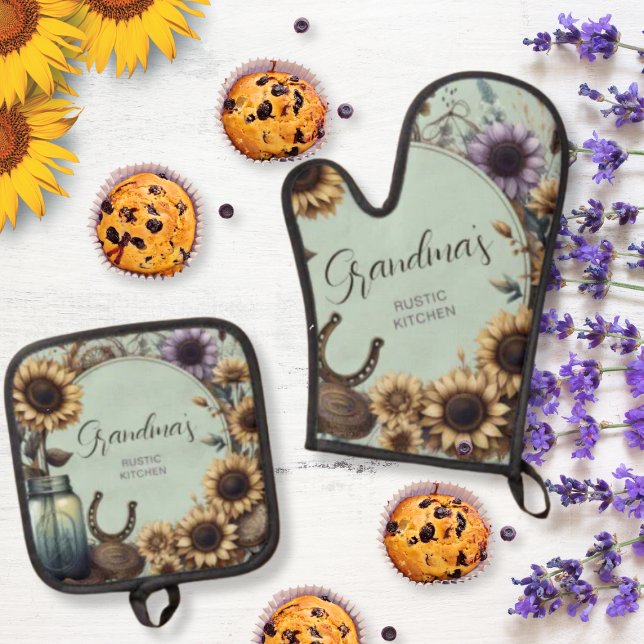 Rustic Grandma's Kitchen Sunflowers Oven Mitt & Pot Holder Set (Creator Uploaded)