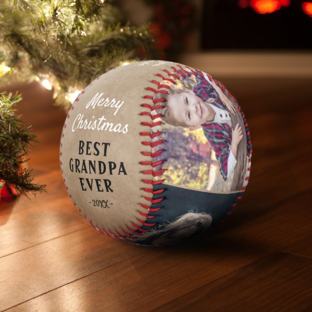 Rustic Grandpa Grandkids 3 Photos Merry Christmas Baseball (Creator Uploaded)