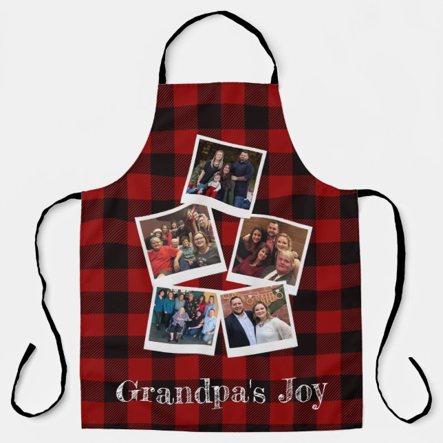 Rustic Grandpa's Joy 5 Photo Collage Buffalo Plaid Apron (Front)