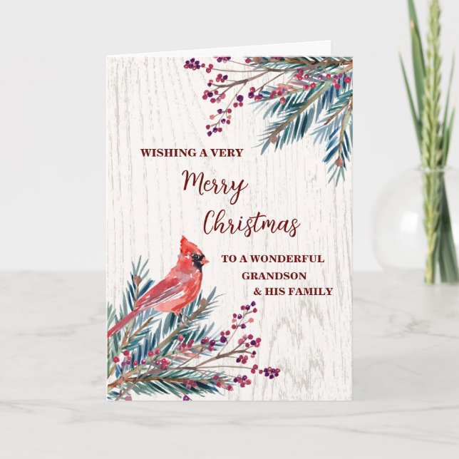 Rustic Grandson & Family Merry Christmas Card (Front)
