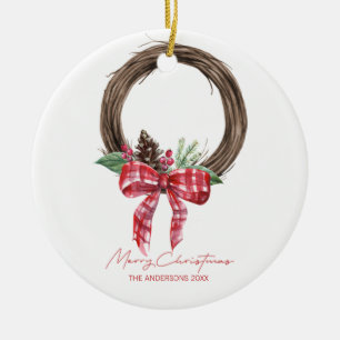 Rustic Grapevine Wreath Merry Christmas Holiday Ceramic Ornament