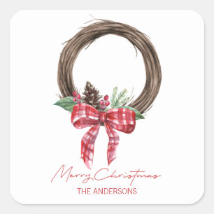 Rustic Grapevine Wreath Merry Christmas Square Sticker