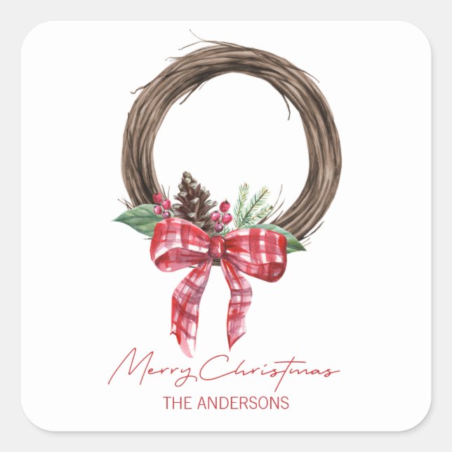 Rustic Grapevine Wreath Merry Christmas Square Sticker (Front)