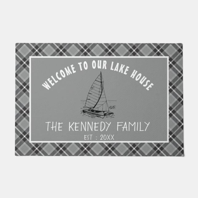 Rustic Gray Plaid Family Lake House Welcome Doormat (Front)
