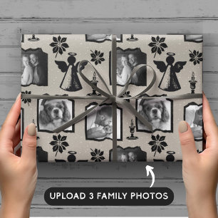 Rustic Gray Stamped Angel 3 Family Photo Wrapping Paper