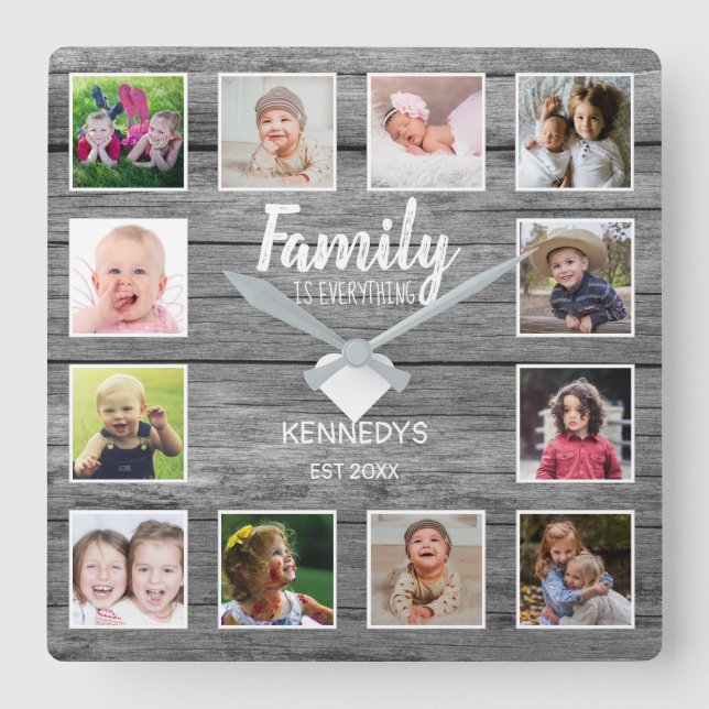 Rustic Gray Wood 12 Photo Collage Family Quote Square Wall Clock (Front)