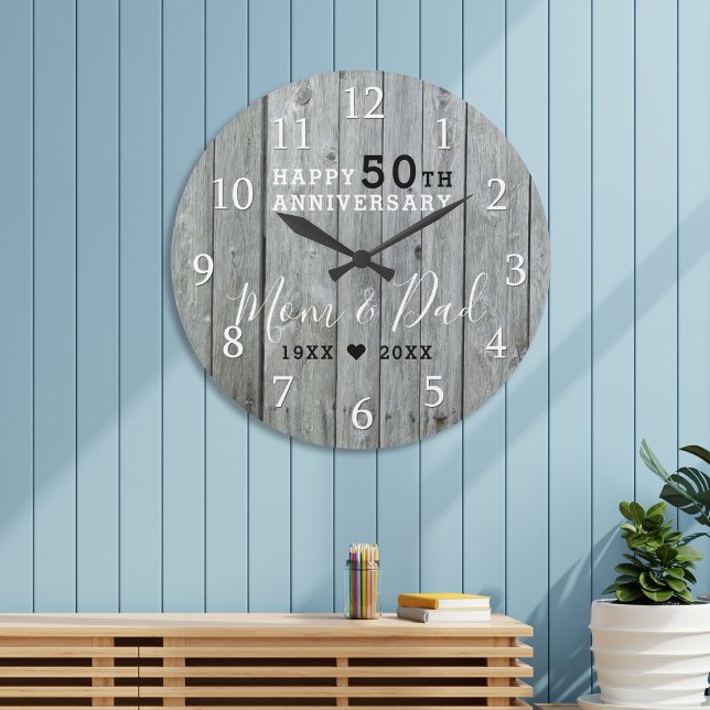 Rustic Gray Wood  50th Gold Wedding Anniversary Large Clock (Rustic Gray Wood 50th Gold Wedding Anniversary Large Clock)