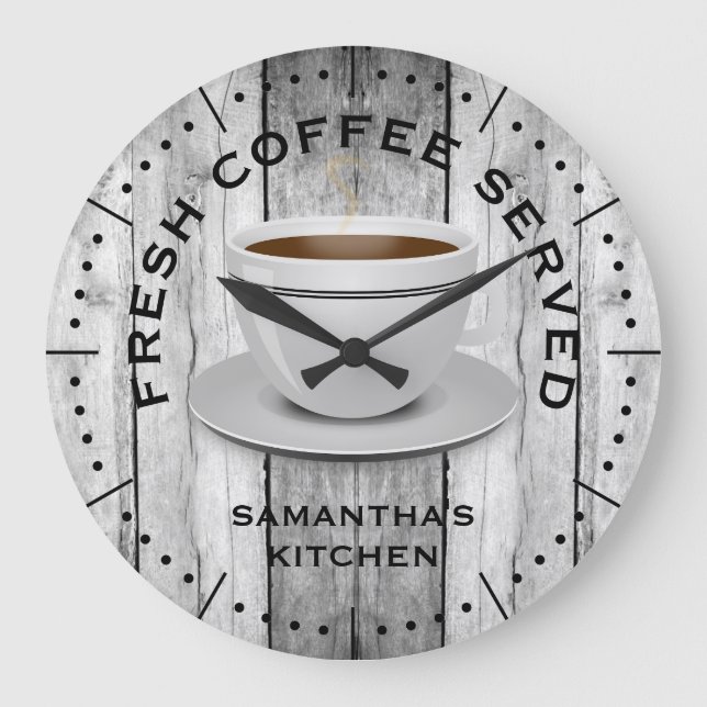 Rustic Gray Wood Coffee Theme Farmhouse Kitchen Large Clock (Front)