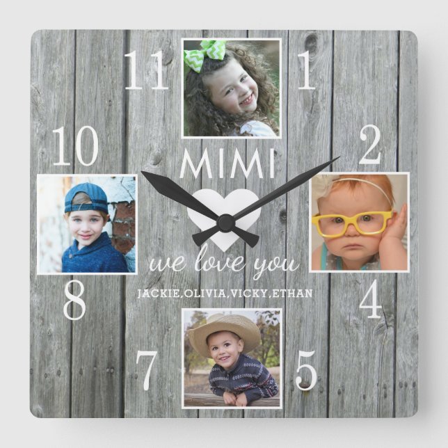 Rustic Gray Wood Love You Mimi Grandkids 4 Photo Square Wall Clock (Front)