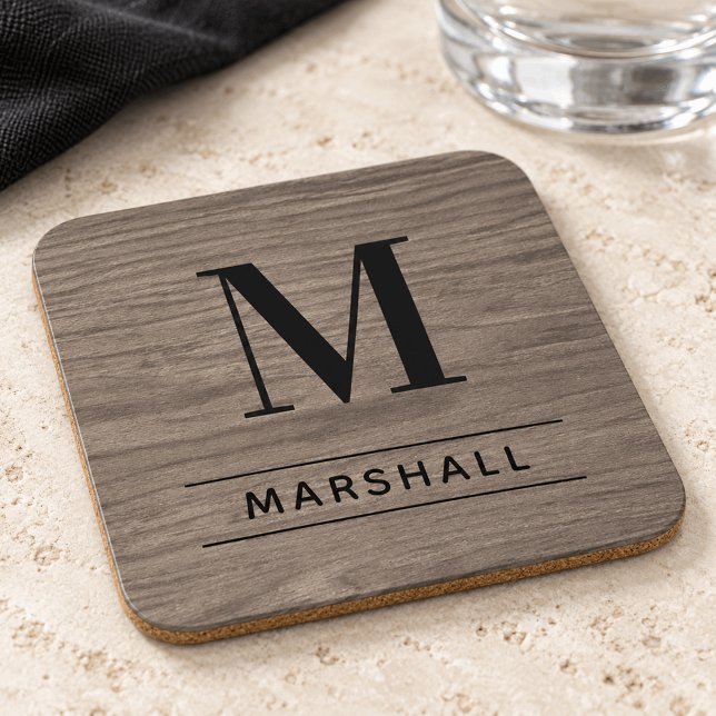 Rustic Gray Wood Serif Monogram Name Coaster (Creator Uploaded)