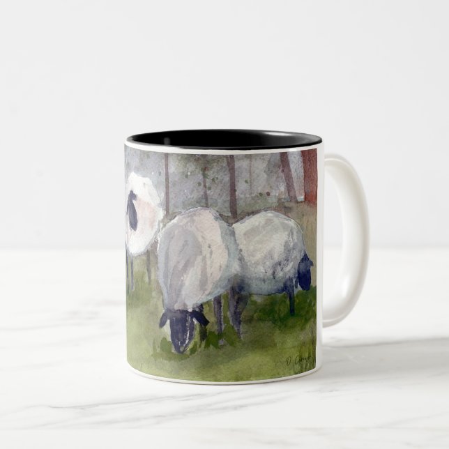 Rustic Grazing Sheep Two-Tone Coffee Mug (Front Right)