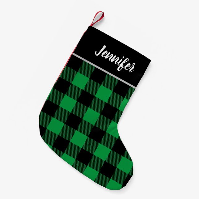 Rustic Green and Black Buffalo Check Monogram Small Christmas Stocking (Front (Hanging))