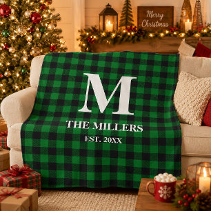 Rustic Green and Black Buffalo Plaid Monogram Fleece Blanket