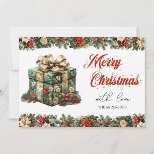 Rustic green and gold elegant Christmas present Holiday Card