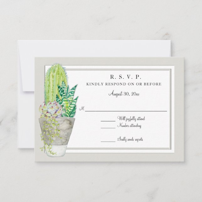 Rustic Green and Grey Urban Cactus Garden RSVP Card (Front)