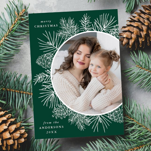Rustic Green and White Pinecones Photo Holiday Card (Creator Uploaded)