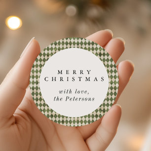 Rustic Green Argyle Holiday Classic Round Sticker