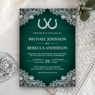 Rustic Green Barn Wood Horseshoe Lace Wedding Invitation