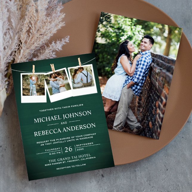 Rustic Green Barn Wood Photo Collage Wedding Invitation (Creator Uploaded)