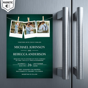 Rustic Green Barn Wood Photo Collage Wedding Magnetic Invitation