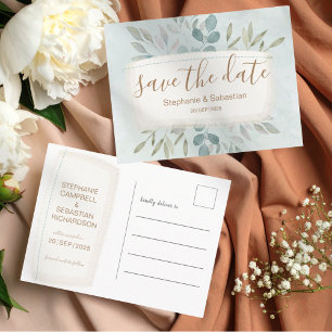 Rustic Green & Beige Botancial Save the Date Announcement Postcard