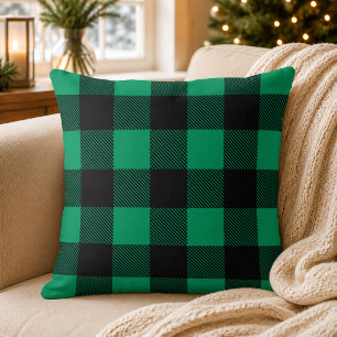 Rustic Green Black Buffalo Plaid Christmas Cushion
