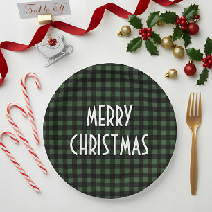 Rustic Green & Black Buffalo Plaid Merry Christmas Paper Plate