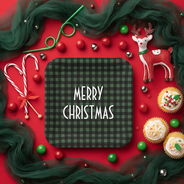 Rustic Green & Black Buffalo Plaid Merry Christmas Paper Plate (Creator Uploaded)
