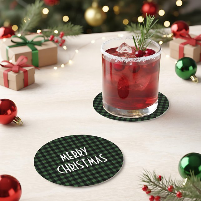 Rustic Green & Black Buffalo Plaid Merry Christmas Round Paper Coaster (Creator Uploaded)