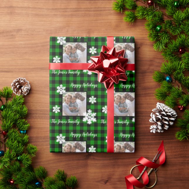 Rustic green black plaid with snowflake detail wr wrapping paper (Holiday Gift)