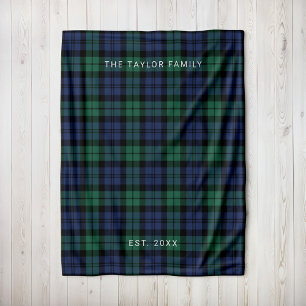 Rustic Green Blue Black Watch Plaid Family Name Fleece Blanket