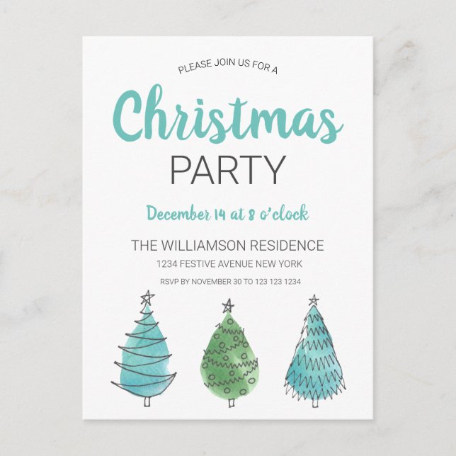 Rustic Green Blue Christmas Trees Invitation Postcard (Front)