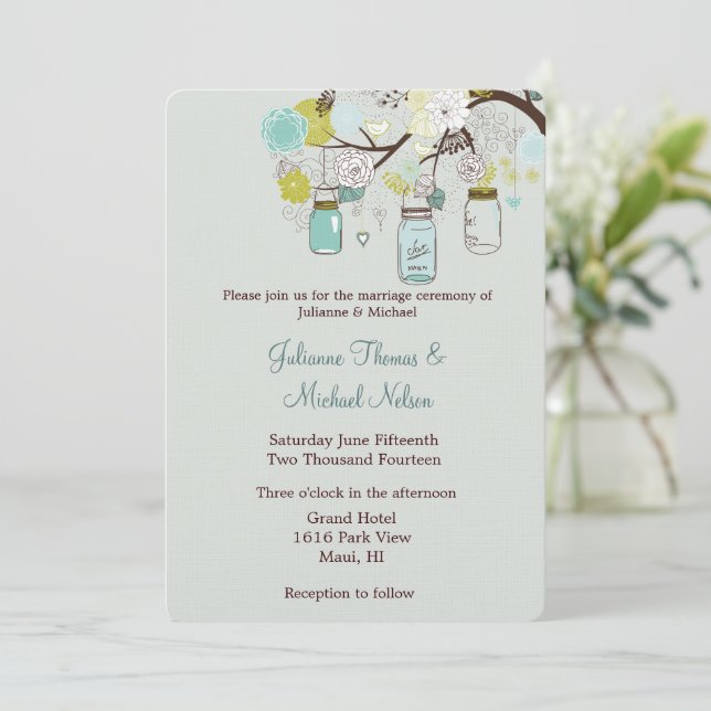 Rustic Green Blue Green Mason Jars Flowers Wedding Invitation (Standing Front)