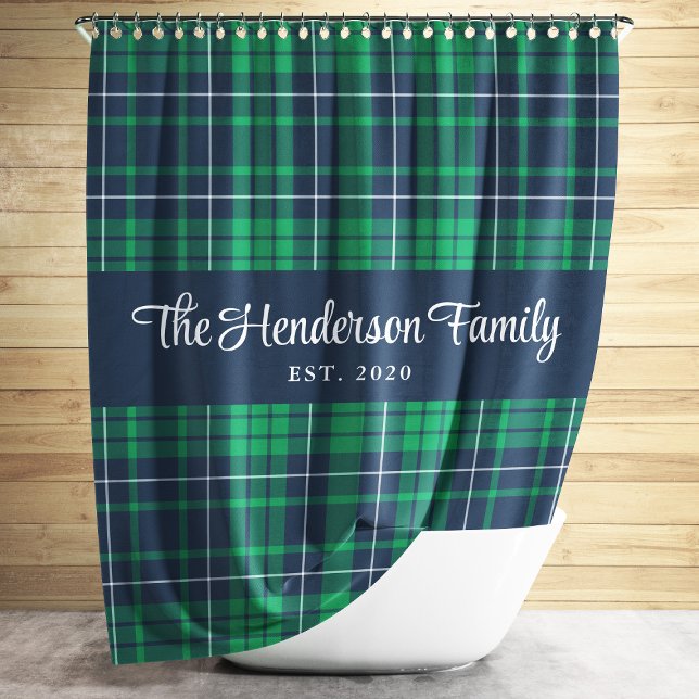 Rustic Green Blue Plaid Family Name Shower Curtain (Rustic Green Blue Plaid Family Name Shower Curtain)