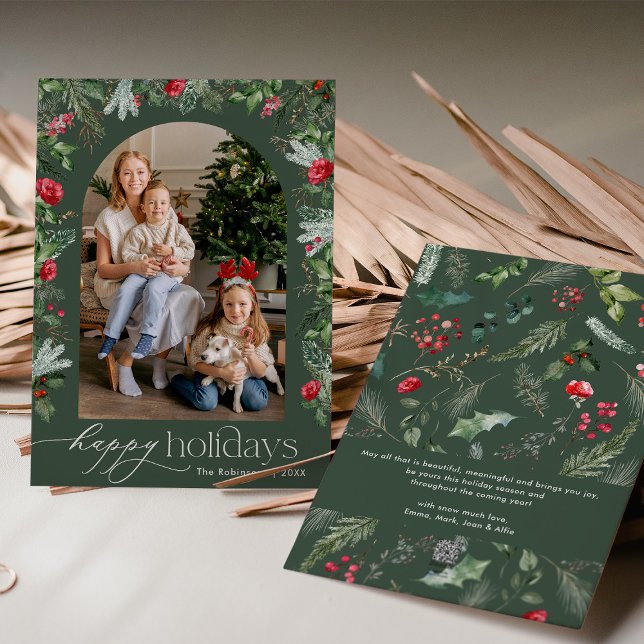 Rustic Green Botanical Arch Happy Holidays 1 Photo Holiday Card (Creator Uploaded)