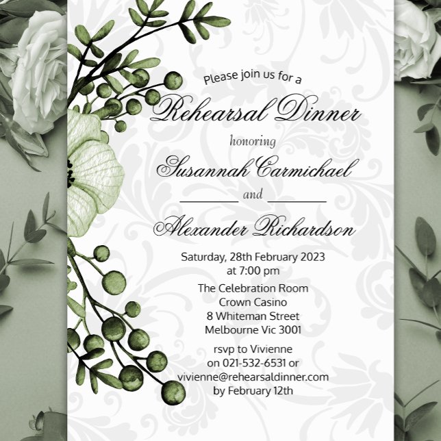 Rustic Green Bouquet and Damask Rehearsal Dinner Invitation (Creator Uploaded)